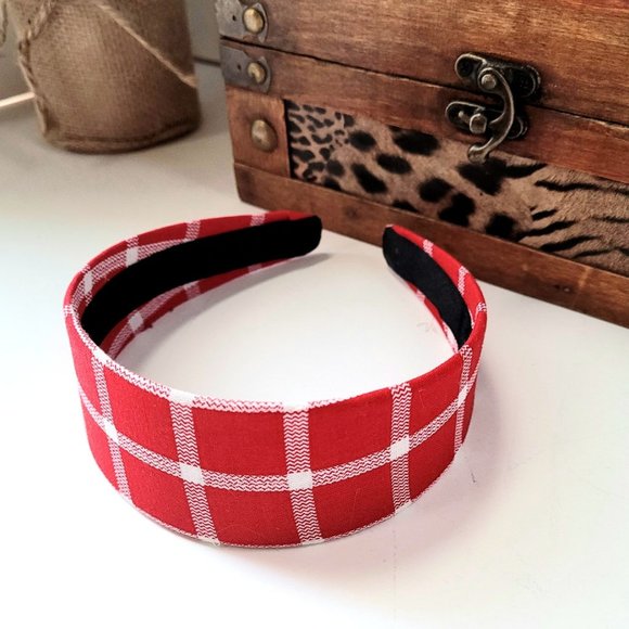 RED WHITE PLAID HEADBAND 2 INCH - Picture 2 of 3